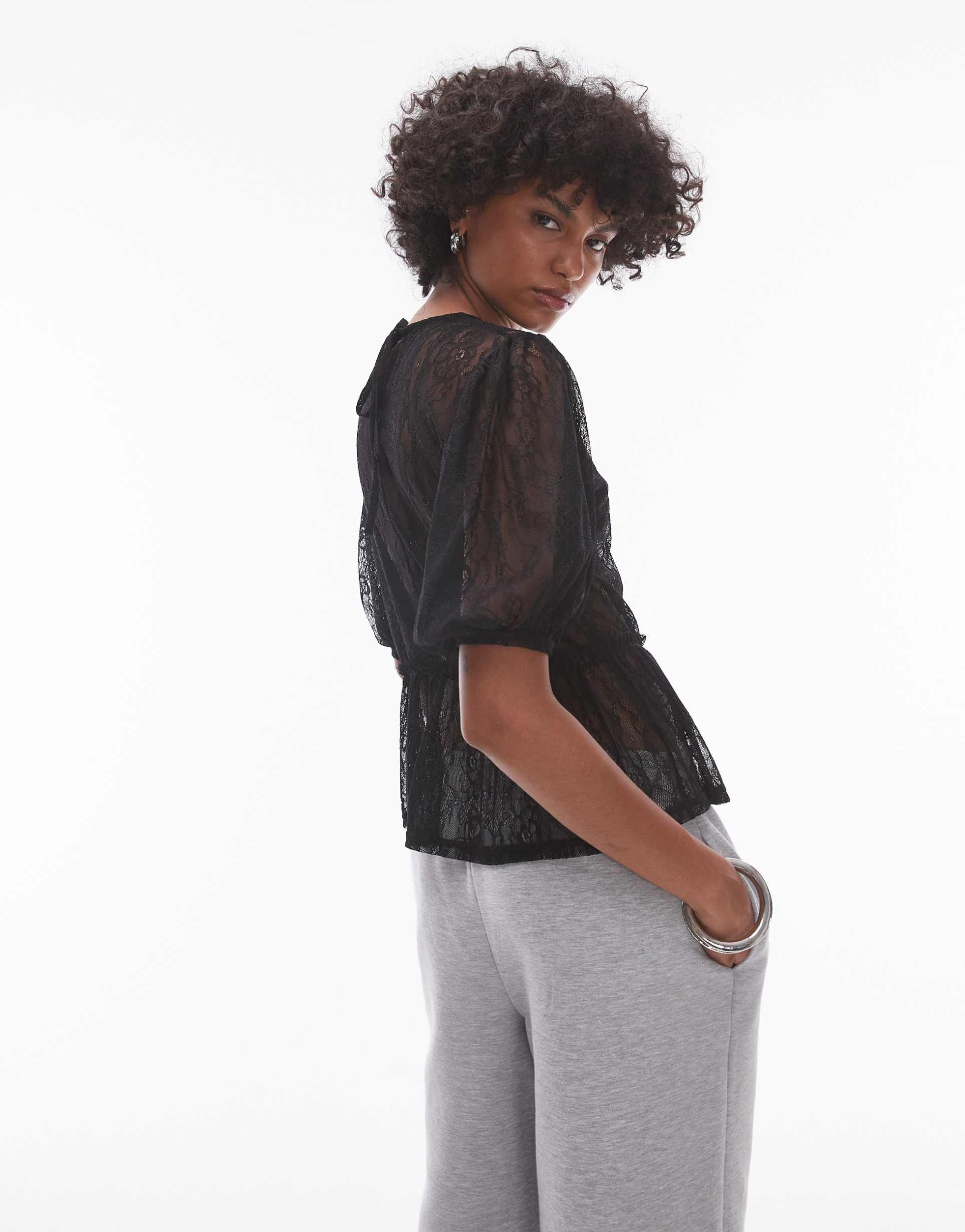 topshop lace peplum top in black