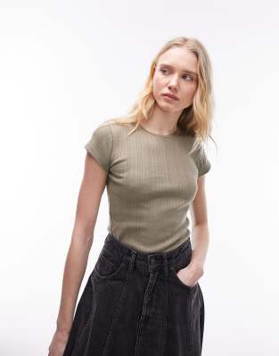 Topshop Lace Pointelle Longline Tee In Khaki-green