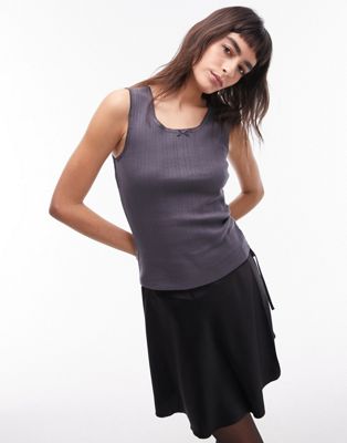 Topshop Lace Pointelle Scoop Neck Tank In Slate-gray