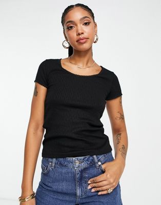 Topshop lace pointelle tee in black