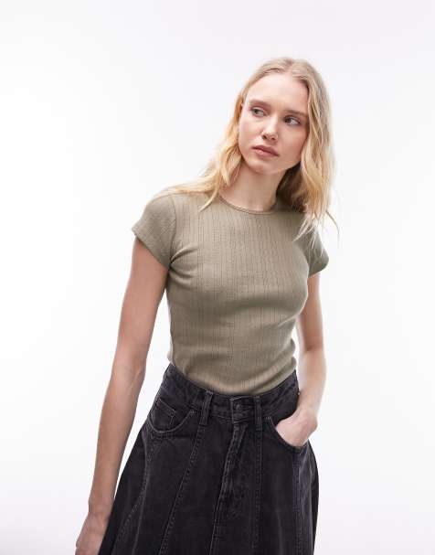 Topshop lace pointelle tee in khaki - view 1