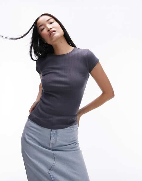Topshop lace pointelle tee in slate - view 1