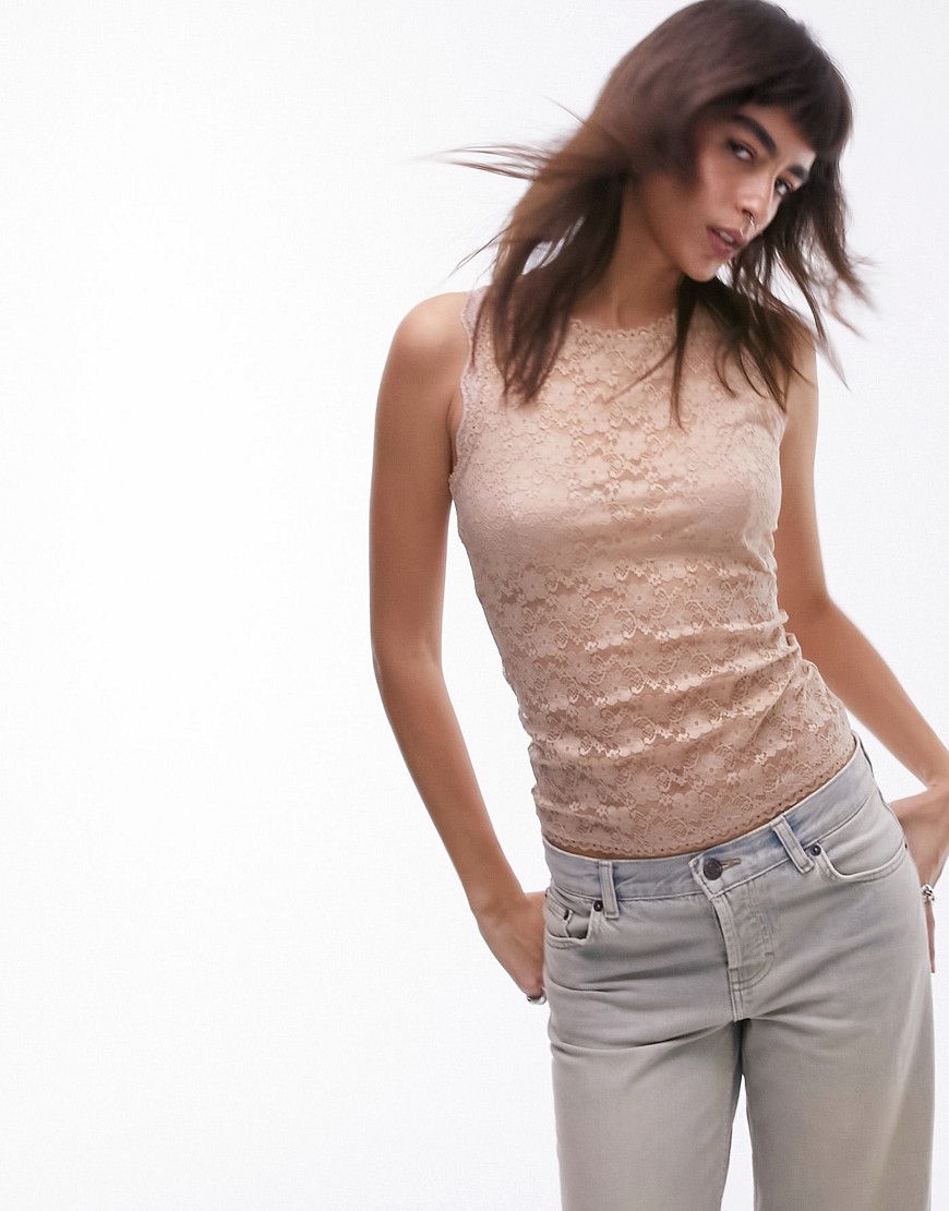 Topshop Lace Racer Tank Top In Neutral