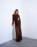 [Topshop] Topshop lace ruched front drop waist maxi dress in chocolate-Brown L Chocolate