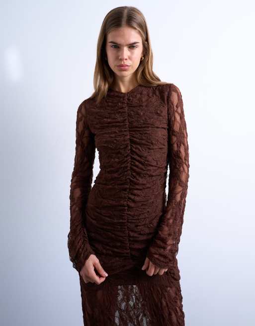 Topshop lace ruched front drop waist maxi dress in chocolate