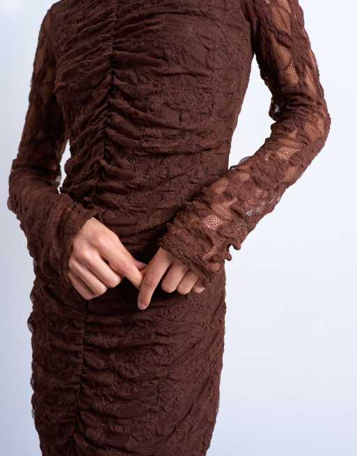 Topshop lace ruched front drop waist maxi dress in chocolate