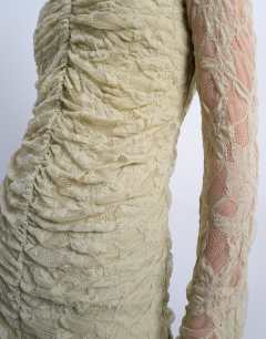 Model wearing Lace ruched front drop waist maxi dress in green