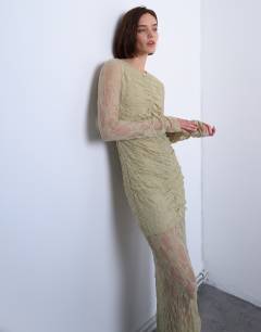 Model wearing Lace ruched front drop waist maxi dress in green