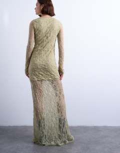Model wearing Lace ruched front drop waist maxi dress in green