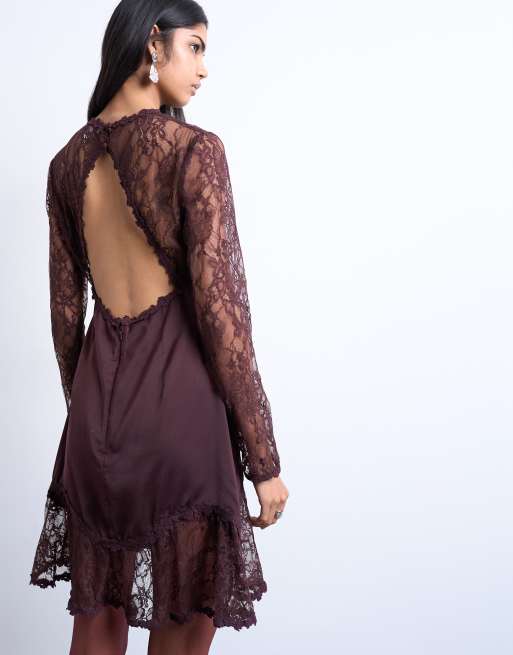 Topshop lace sleeve flippy hem mini dress in port royale