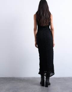 Model wearing Lace sleeveless maxi dress with side split in black