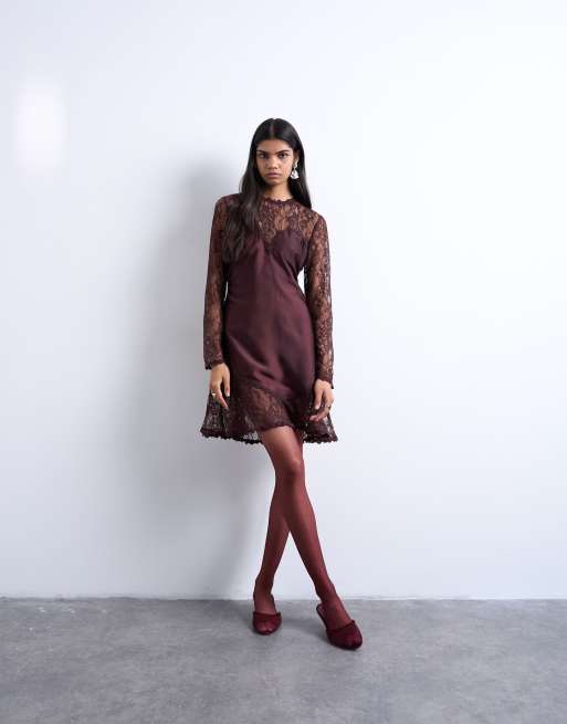 Topshop lace sleeve flippy hem mini dress in port royale