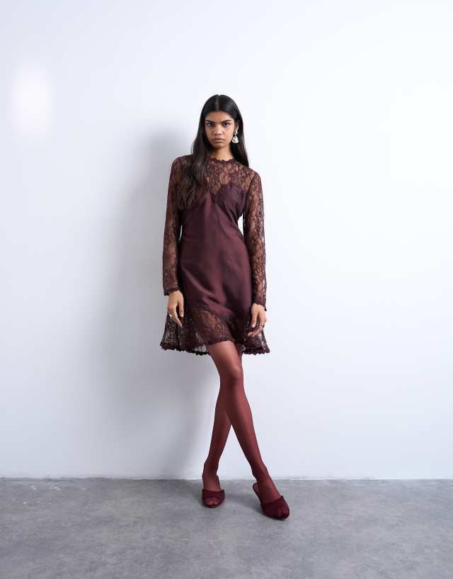 Topshop lace sleeves flippy hem mini dress in port royale | ASOS