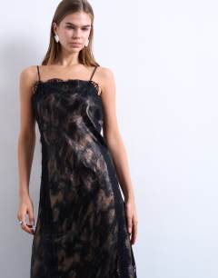 Model wearing Lace slip midi in metallic abstract print