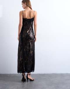 Model wearing Lace slip midi in metallic abstract print