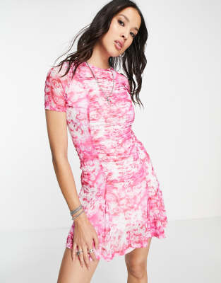 Topshop lace spray paint mesh mini tea dress in pink-Multi