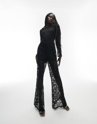 Topshop Lace Straight Leg Jumpsuit In Black