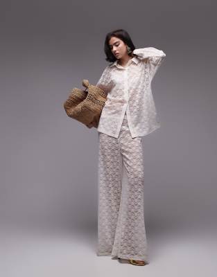 lace straight leg pants in ecru - part of a set-White