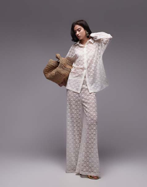 Topshop lace straight leg pants in ecru - part of a set - view 1
