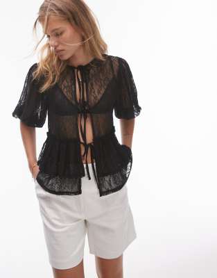 lace tie front top in black