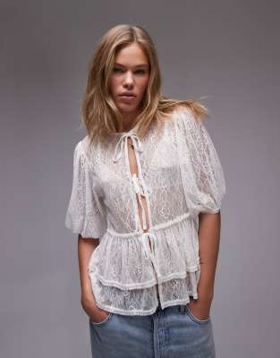 lace tie front top in ivory-White