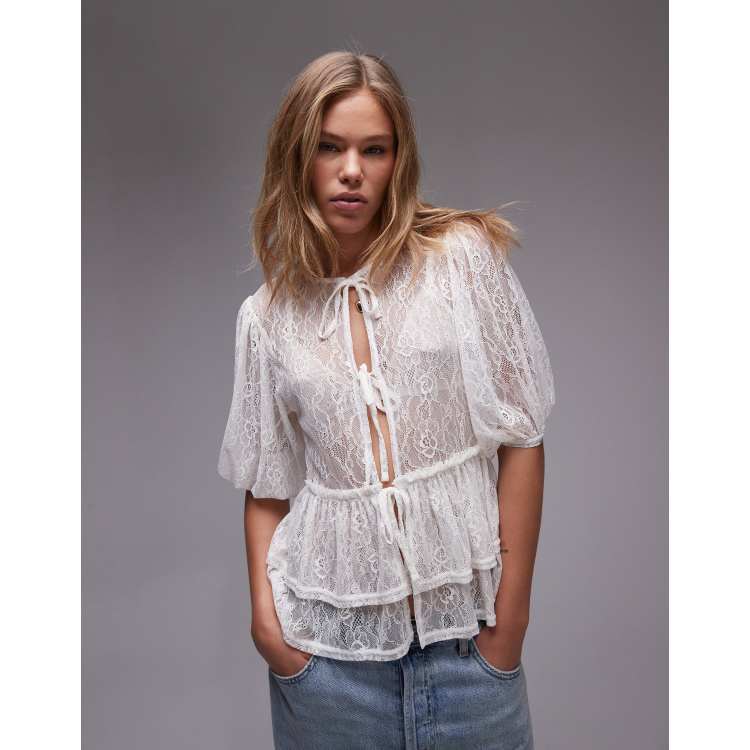 Topshop lace tie front top in ivory | ASOS