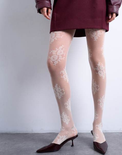 Topshop lace tights in ivory - view 1