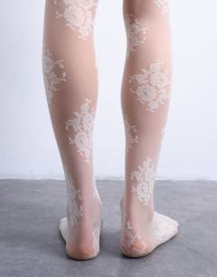 Model wearing Lace tights in ivory