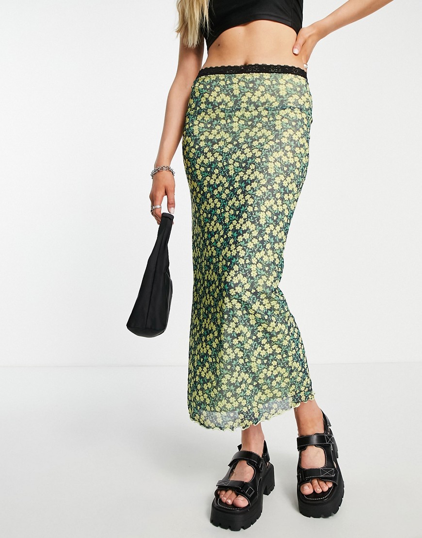 topshop lace top jersey mesh ditsy midi skirt in green