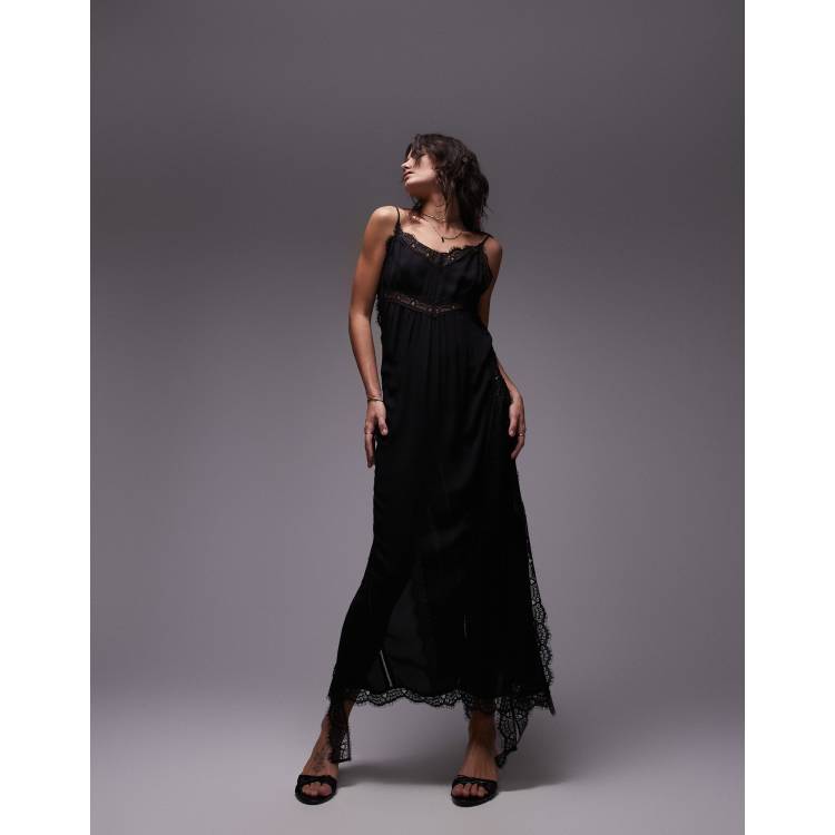 Topshop lace trim black midi dress in black technical fabric | ASOS