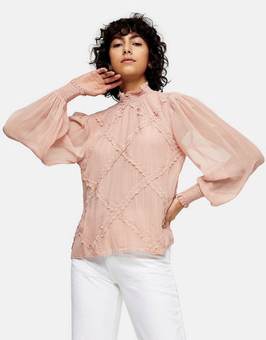 Topshop lace trim blouse in blush-Pink