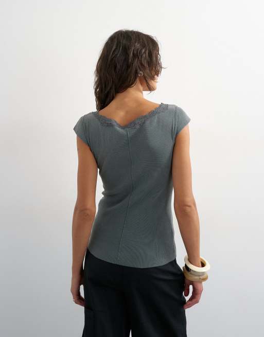 Topshop lace trim cap sleeve top in washed black, 3 of 4
