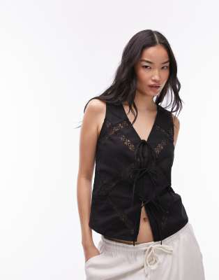 Topshop Lace Trim Insert Tie Up Vest In Black