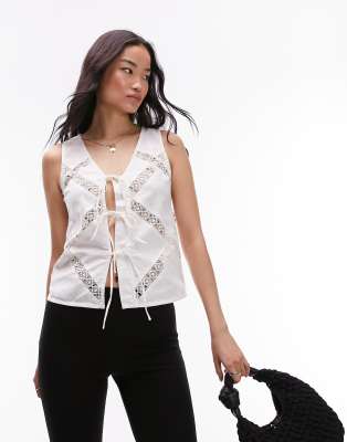 Topshop Lace Trim Insert Tie Up Vest In Ivory-white