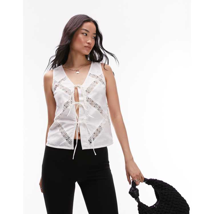 Topshop lace trim insert tie up waistcoat in ivory ASOS