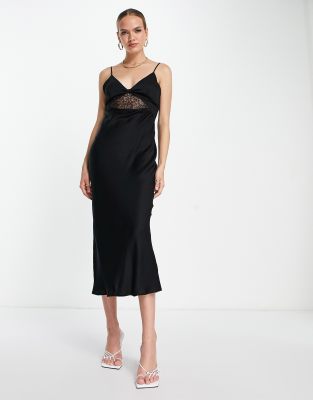 Topshop lace trim midi slip dress in black