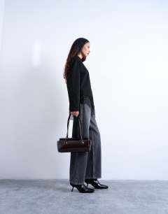 Model wearing Lace trim oversized skater tee in black