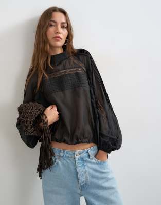 Topshop Lace Trim Ruched Side Blouse In Black