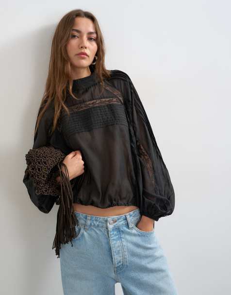 Topshop lace trim ruched side blouse in black - view 1