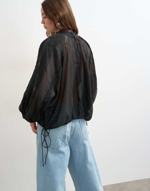 Topshop lace trim ruched side blouse in black, 4 of 4