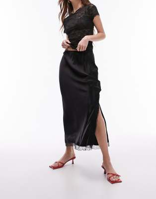 Topshop Lace Trim Satin Bias Midi Skirt In Black In Black