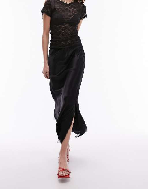 Topshop lace trim satin bias midi skirt in black | ASOS