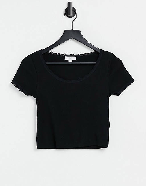 Topshop lace trim scoop t-shirt in black