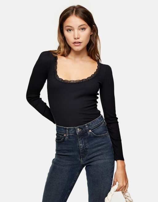 Black Lace Trim Long Sleeve Top