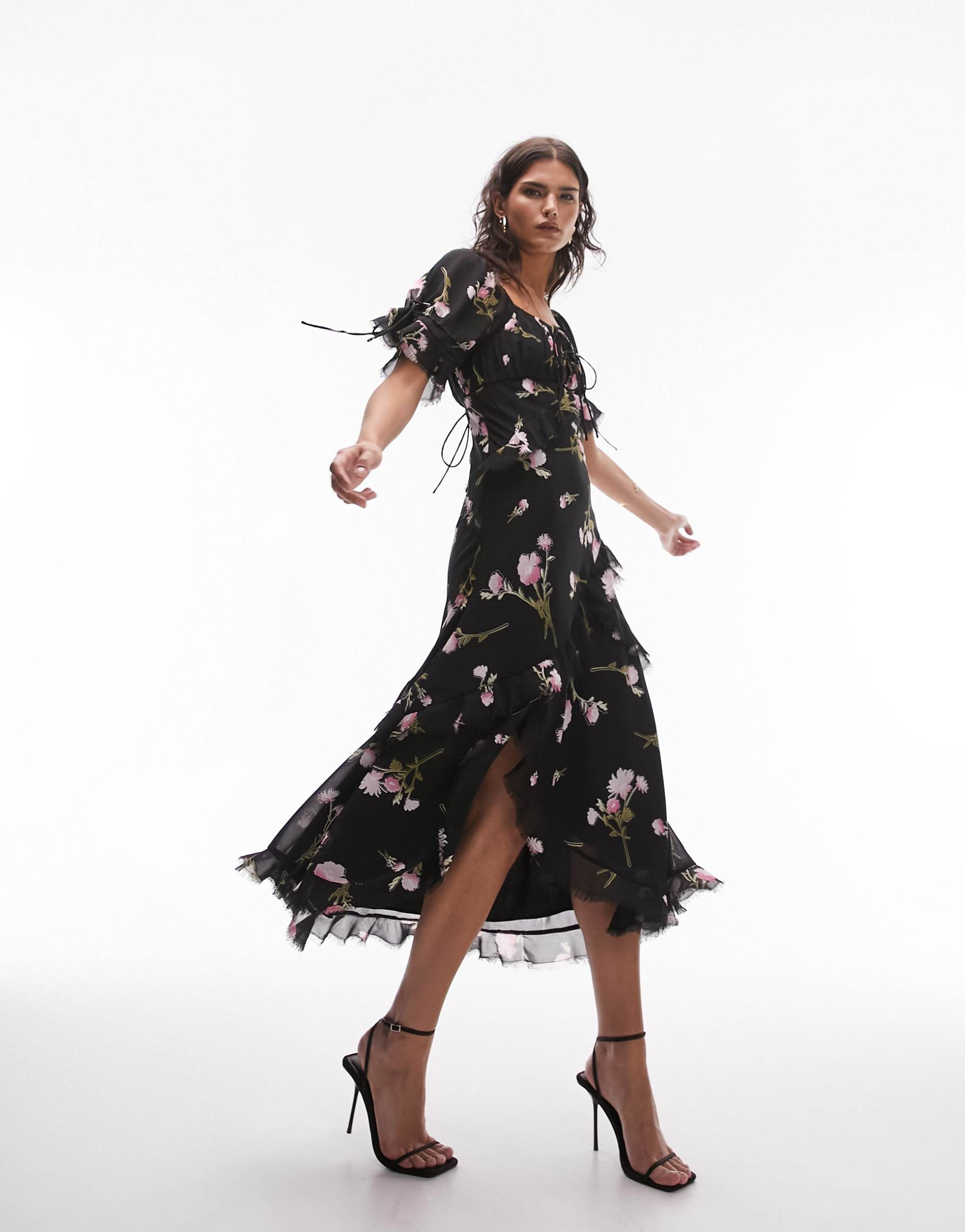 topshop lace up back occasion dress with raw seams in dark floral