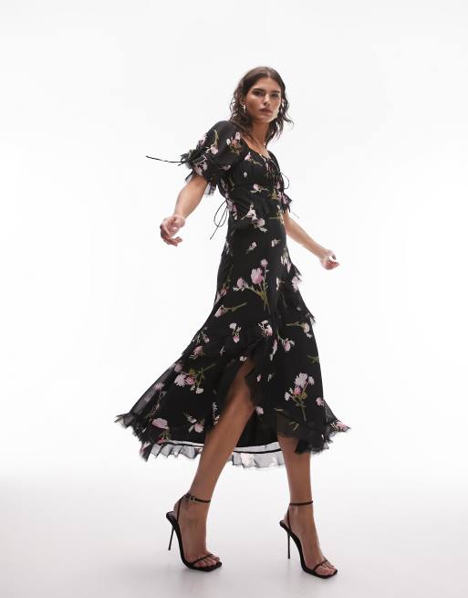 Topshop black floral outlet midi dress