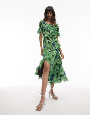 Topshop lace up back occasion midi dress with raw seams in green floral print