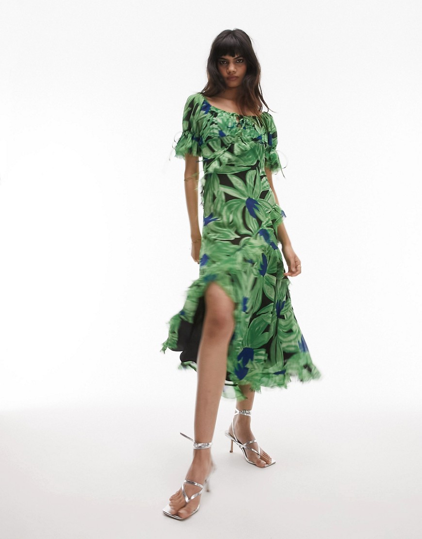 Topshop lace up back occasion midi dress with raw seams in green floral print