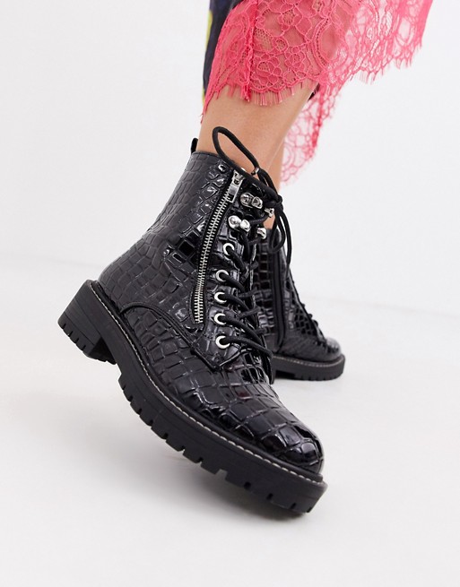 Topshop lace up biker boots in black croc | ASOS