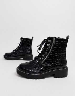 black crocodile lace up boots